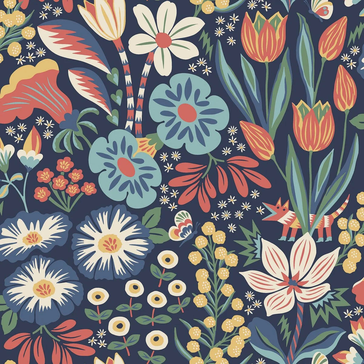 Colored in cheerful tones of green, turquoise, yellow, red and white on a deep dark blue background, our Trädgården wallpaper in a surface print brings a garden scene to life on your walls.