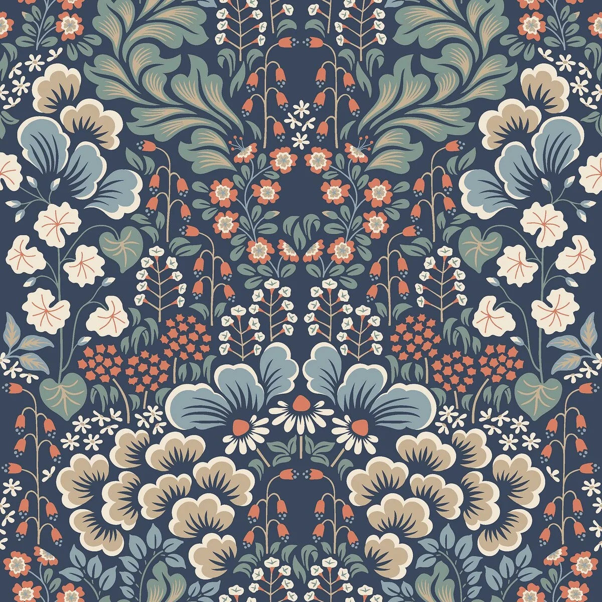 Set on a midnight blue background, our Blomstervall wallpaper in a surface print brings to life a lush pattern of green leaves, beige and blue puff-shapes, and red and white flowers.