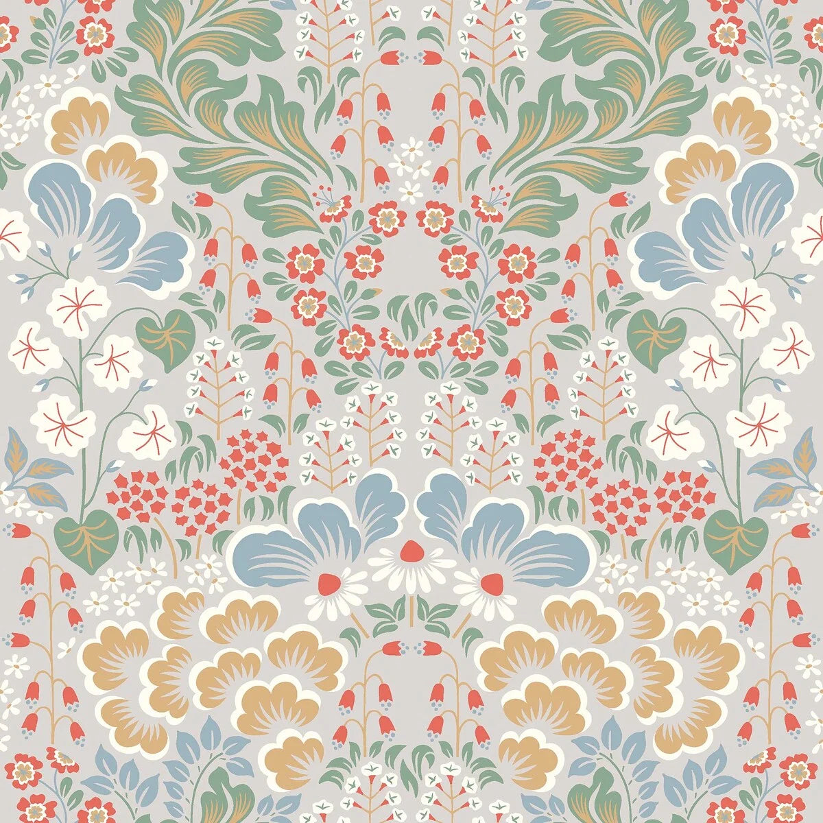 Colored in light and optimistic tones of green, yellow, blue, red, and white on a soft and warm grey background, our Blomstervall wallpaper is instantly calming.
