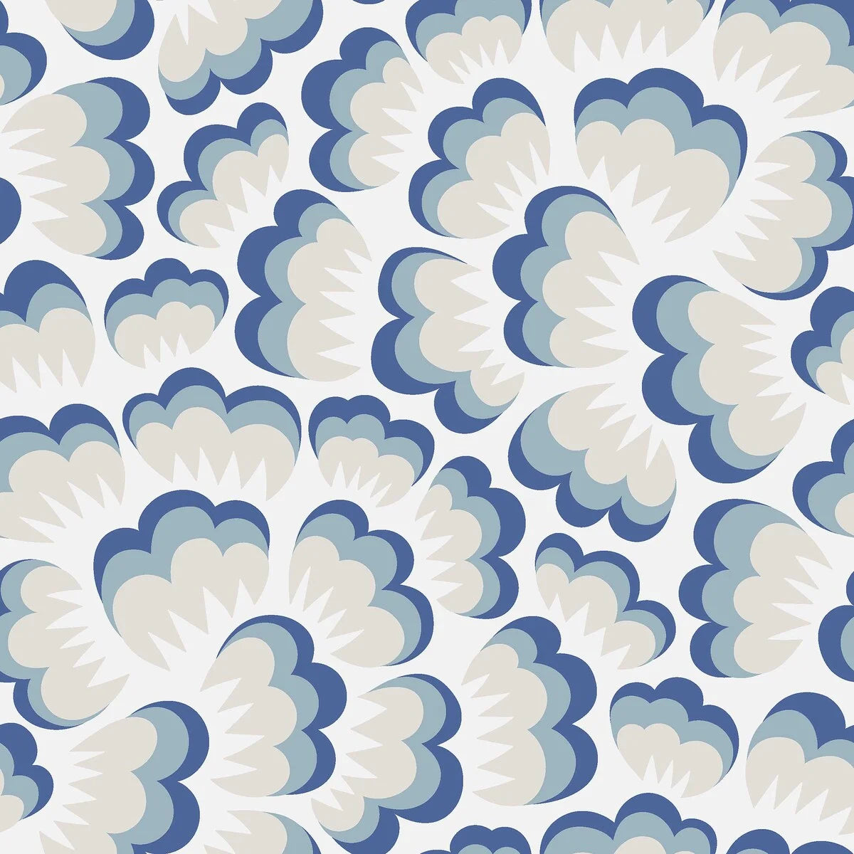 Cheerful and dreamy, our Bom Bom wallpaper is colored in tones of beige, dove blue, and barley blue on a crisp white background.