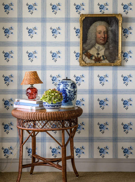This rose is borrowed from an 18th-century Swedish wallpaper. When positioned within this large scale check pattern with its strict repetition, it resembles tiles adorning the wall.