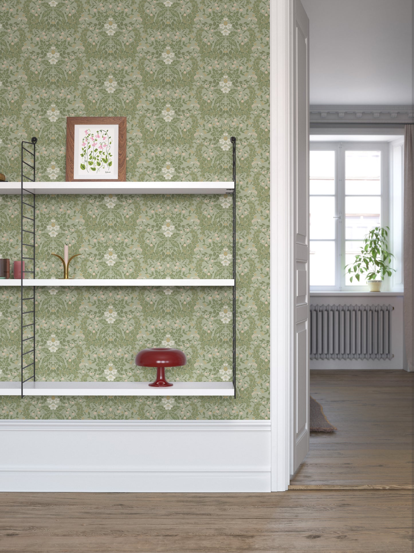 In the wallpaper pattern Saga, the forest's plants are brought to life.