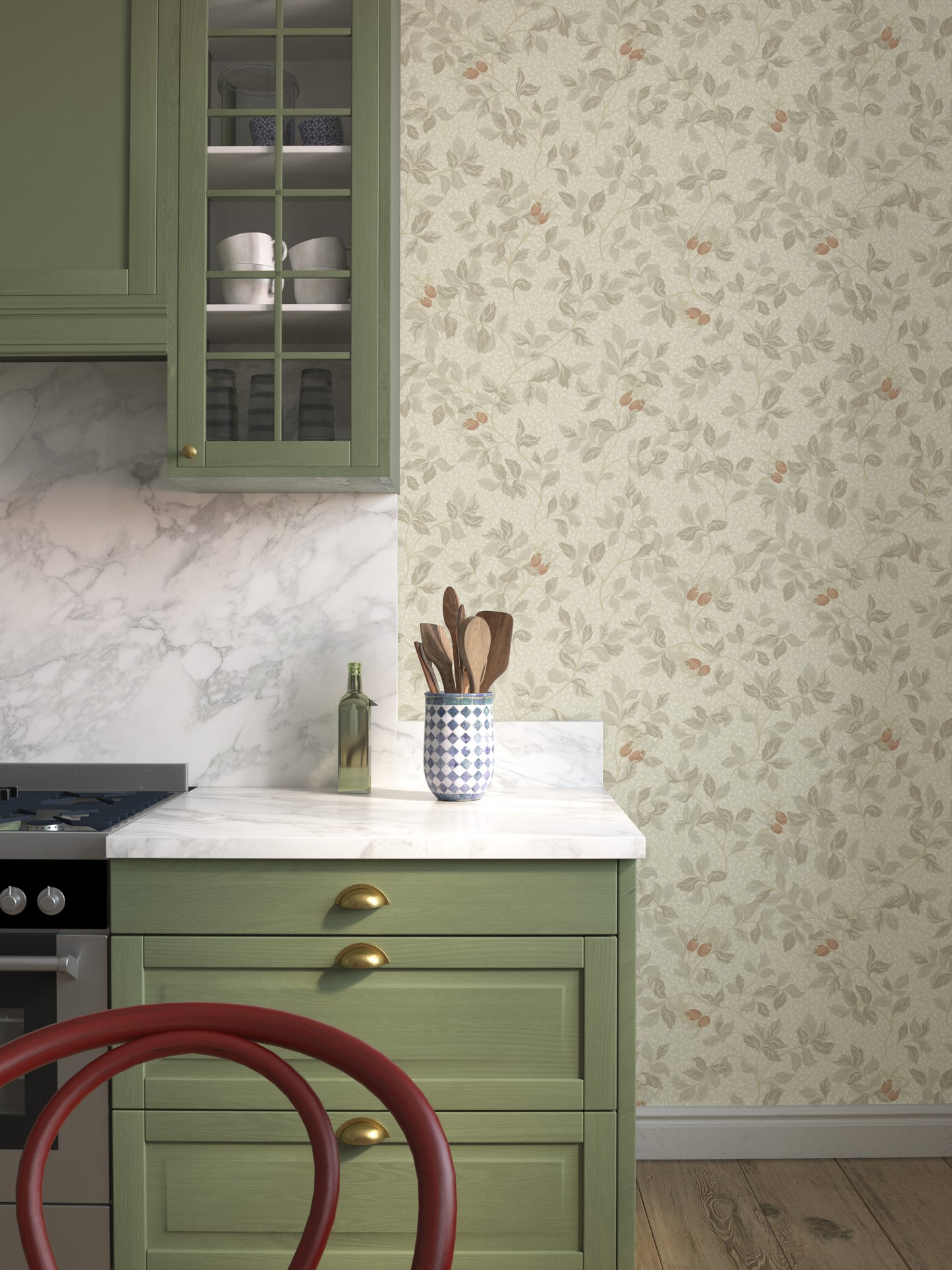 In the Nora wallpaper pattern, the rosehip bush serves as the inspiration — where the roses have faded and only the hips remain.