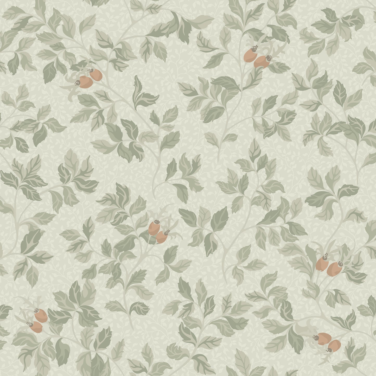 In the Nora wallpaper pattern, the rosehip bush serves as the inspiration — where the roses have faded and only the hips remain.