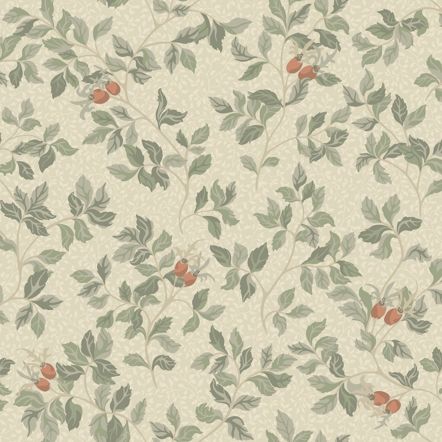 In the Nora wallpaper pattern, the rosehip bush serves as the inspiration — where the roses have faded and only the hips remain.