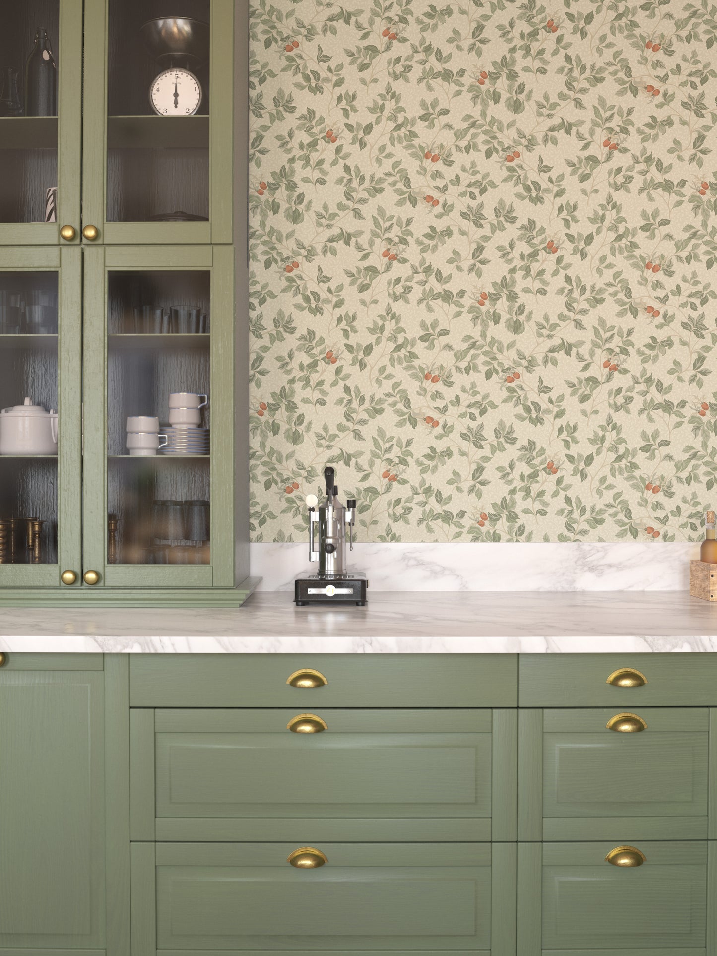 In the Nora wallpaper pattern, the rosehip bush serves as the inspiration — where the roses have faded and only the hips remain.
