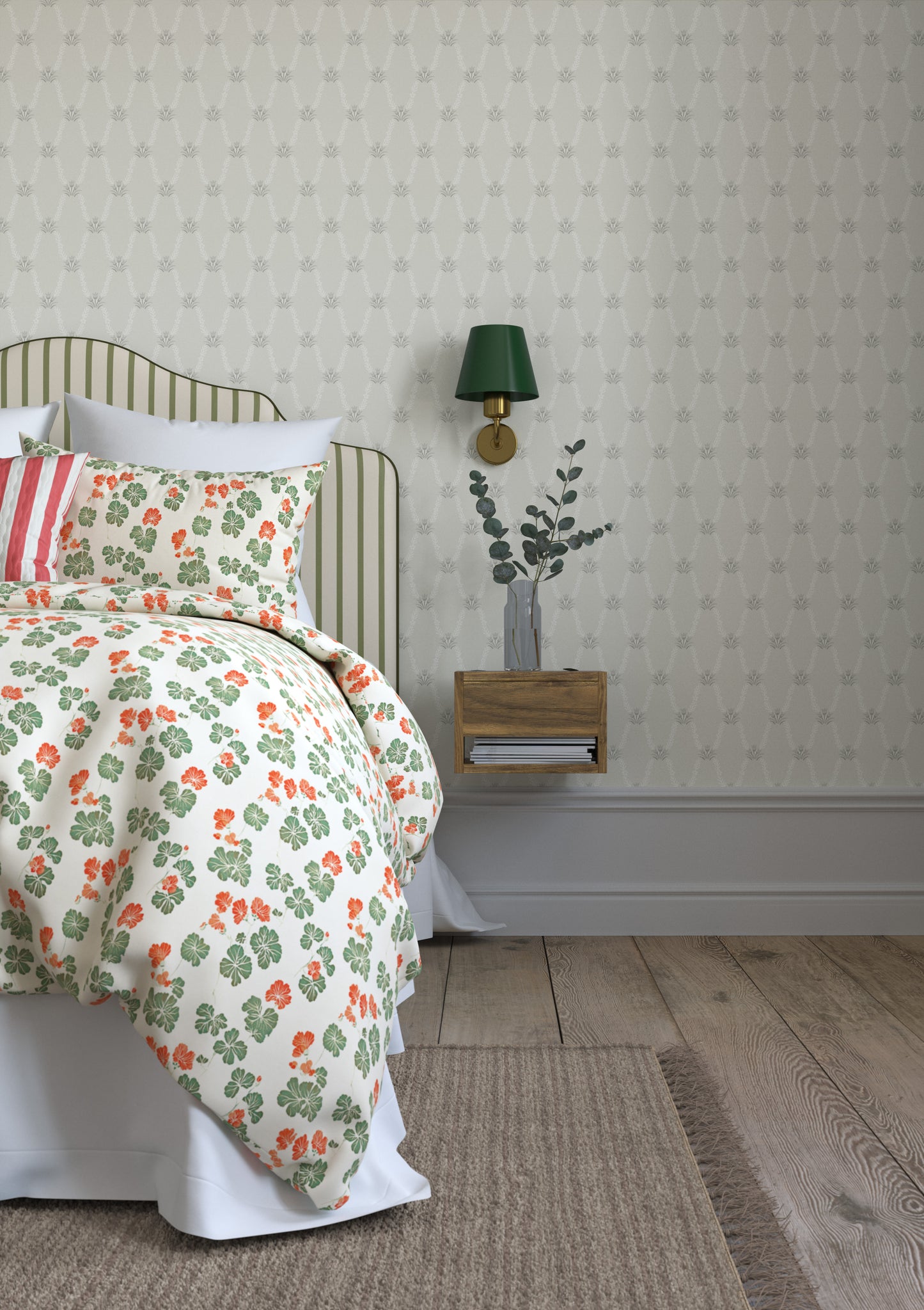 The beautiful Hedvig is both an organic and graphic wallpaper pattern. Small, stylized hand-painted bouquets are connected by swirling leaves, forming a harmonious and symmetrical whole.
