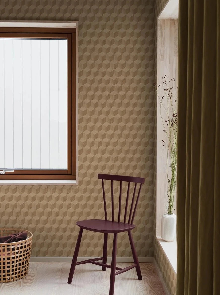 Colored in warm tones of golden beige, our Cube wallpaper is timeless, luxurious and contemporary in style.