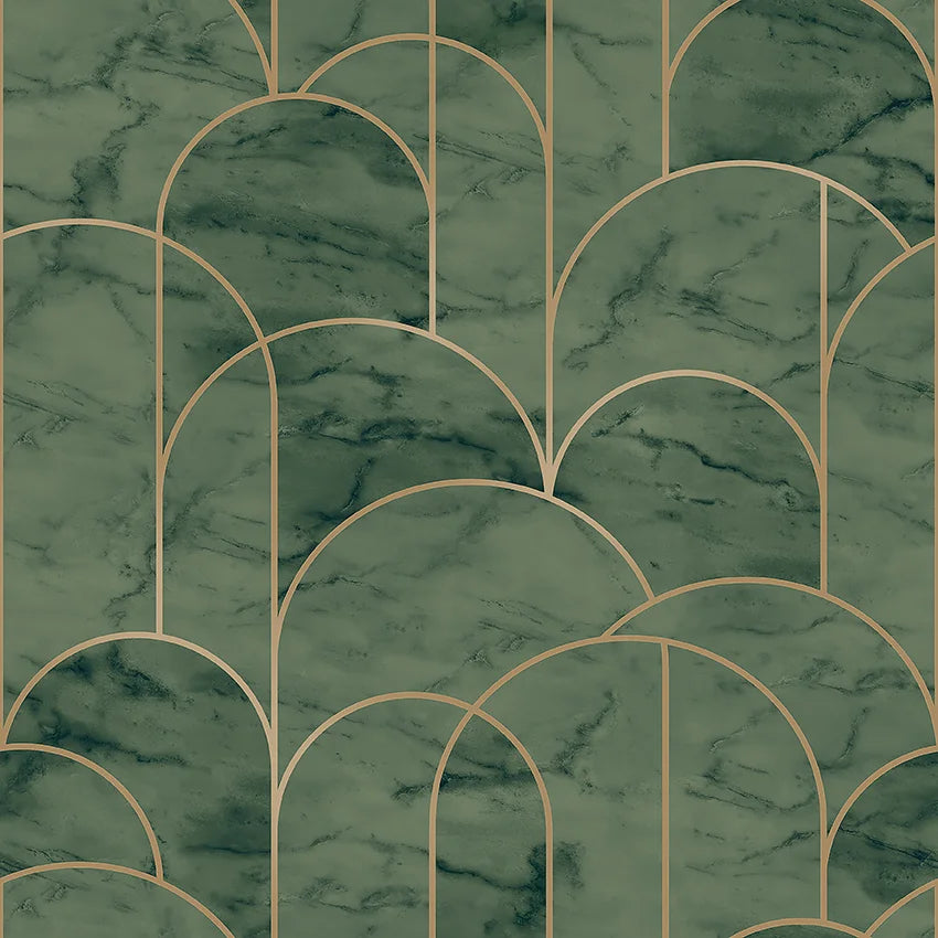 Colored in a green marble effect with exquisite gold detailing that shimmers in the light, our Arch wallpaper is simply stunning.