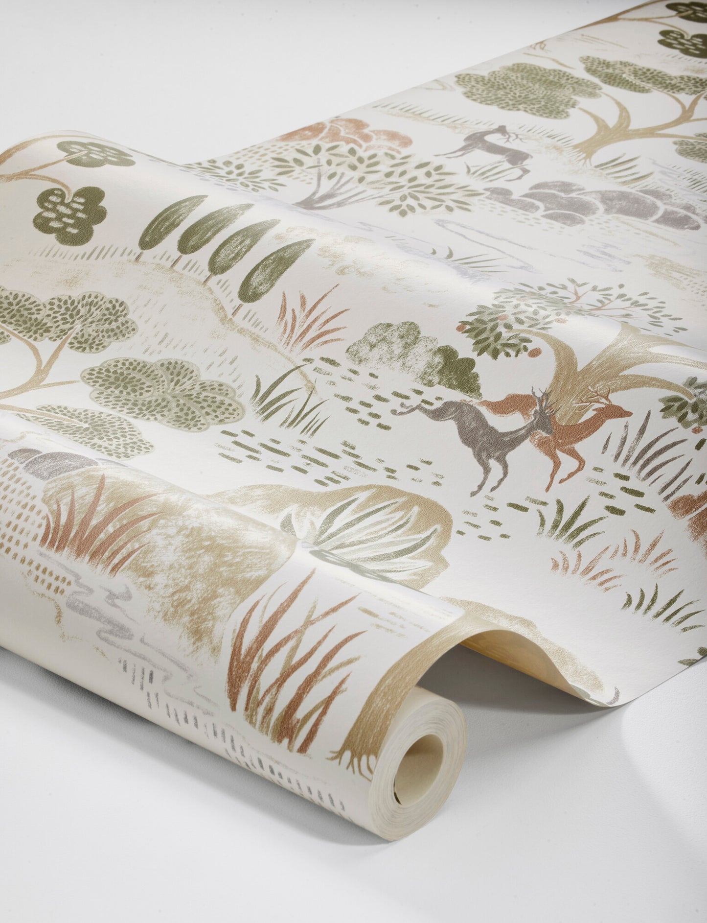 Indulge in the naturalistic allure of our Diana wallpaper in muted tones of olive green, terracotta and warm gray and beige tones.