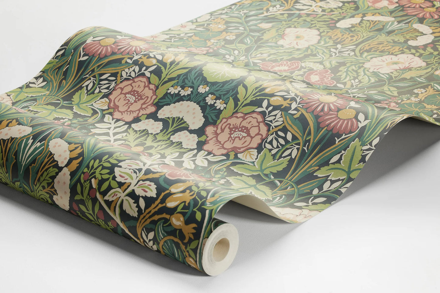 Experience the freshness and vibrancy of our Örtagård wallpaper in vivid and playful tones of muted light pink, green, and yellow on a striking black background.