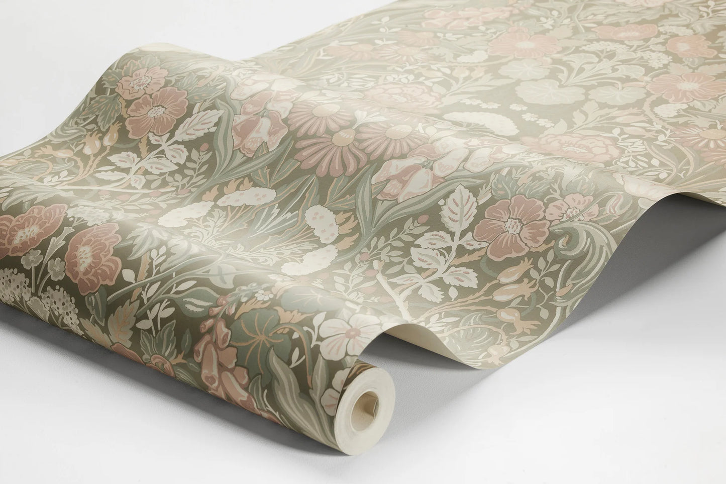 Step into the poetic and traditional beauty of our Örtagård wallpaper in powdery pink and green tones on a muted dark background.