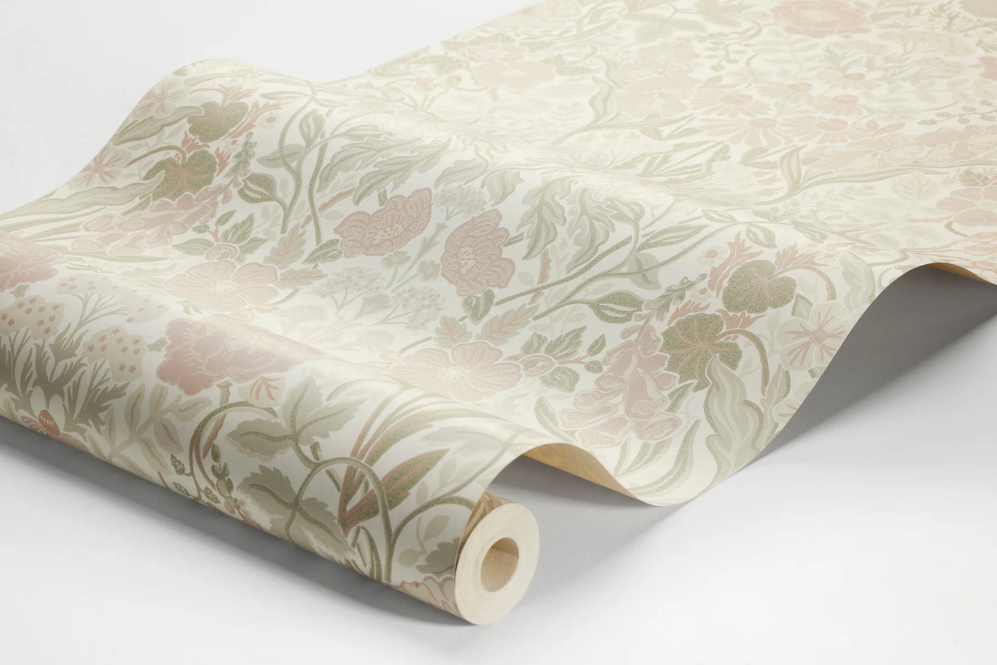 Embrace the dreamy and romantic allure of our Örtagård wallpaper in a powdery pastel palette of pink, green, muted red and light beige.