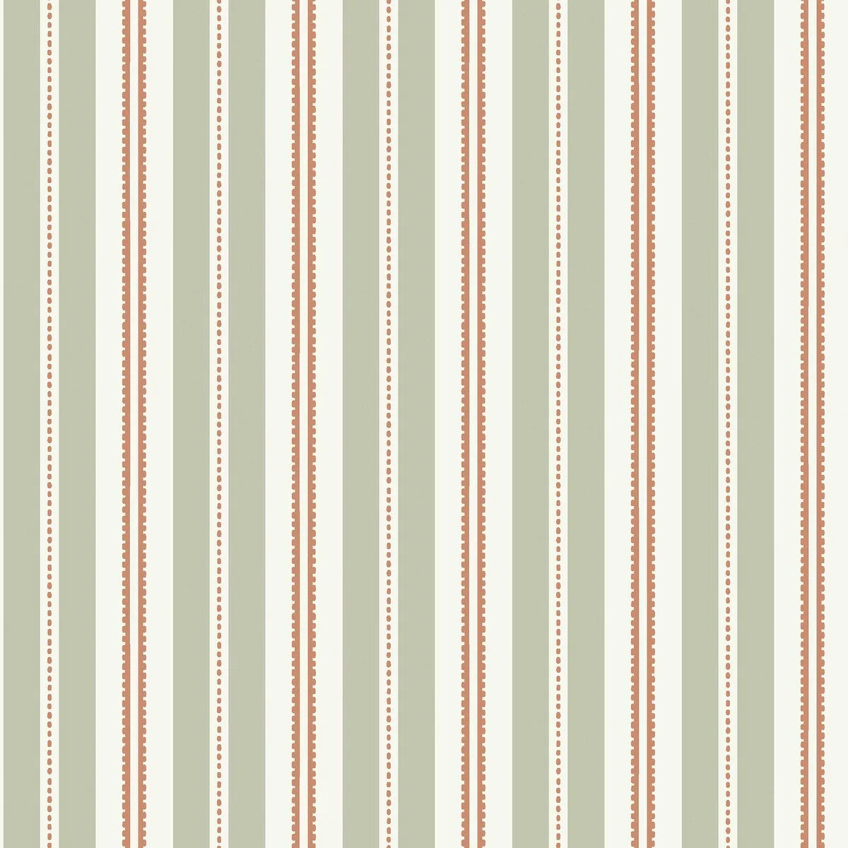 Colored in soft warm green stripes and striking rust-red accents, our Hedda wallpaper is contemporary yet classic in style.