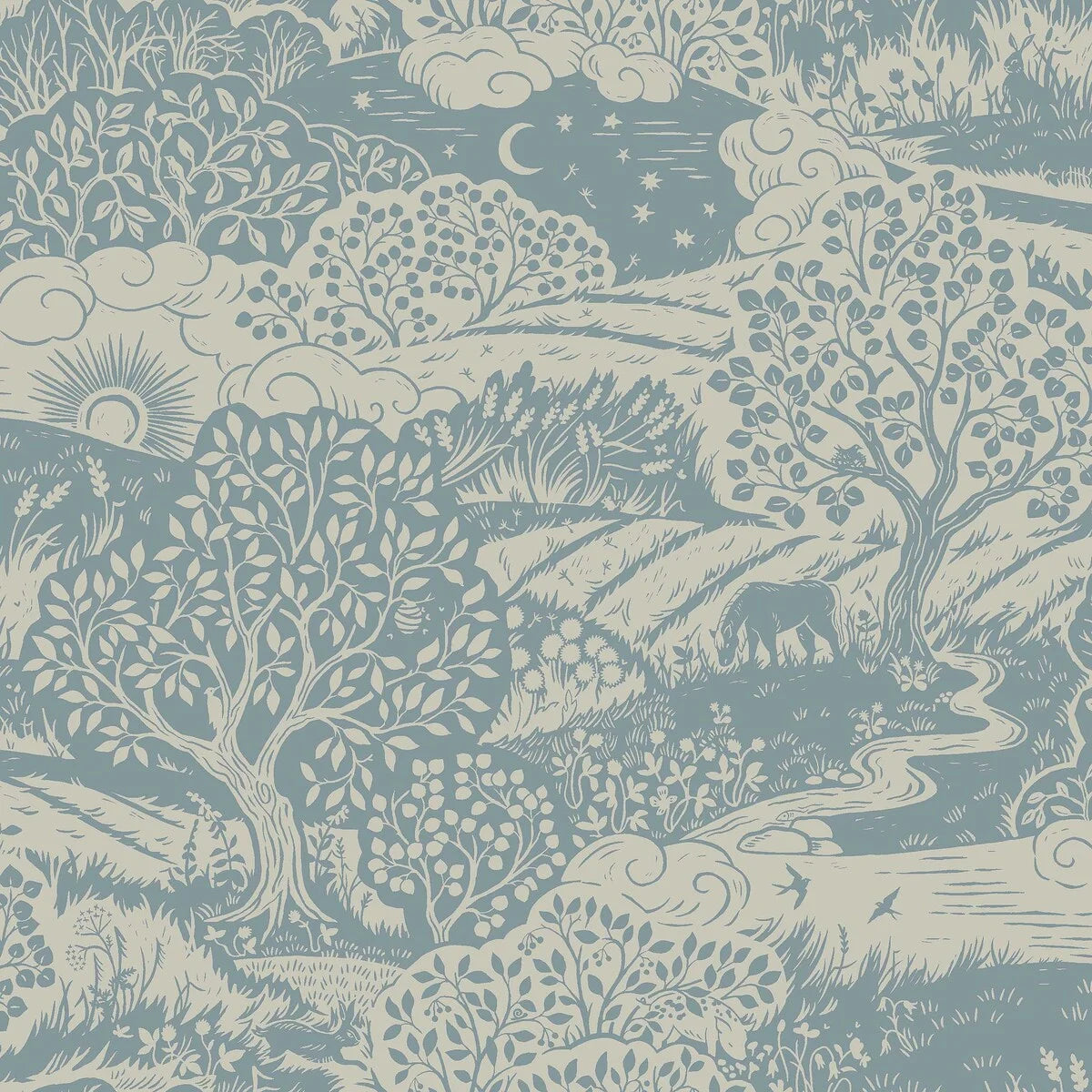 Colored in dove blue detailing on a linen grey background, our Solängen wallpaper offers a rich tapestry of natural beauty.