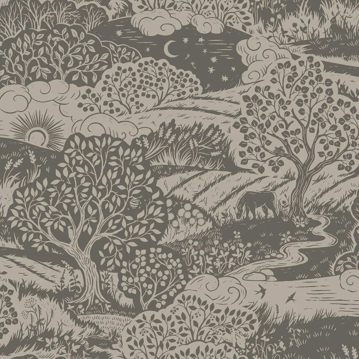 Colored in soft tones of linen beige and graphite grey, our Solängen wallpaper offers a rich tapestry of natural beauty.