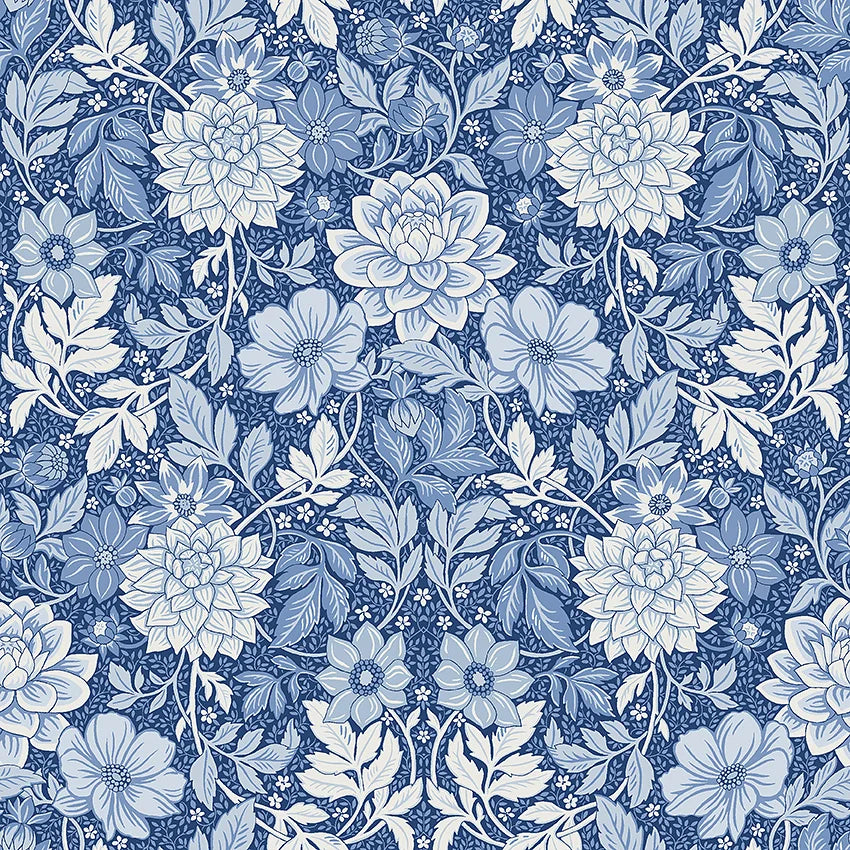 Set against a deep blue background, our Dahlia Garden wallpaper features an array of blue shades that seamlessly blend to create a captivating blue wall.