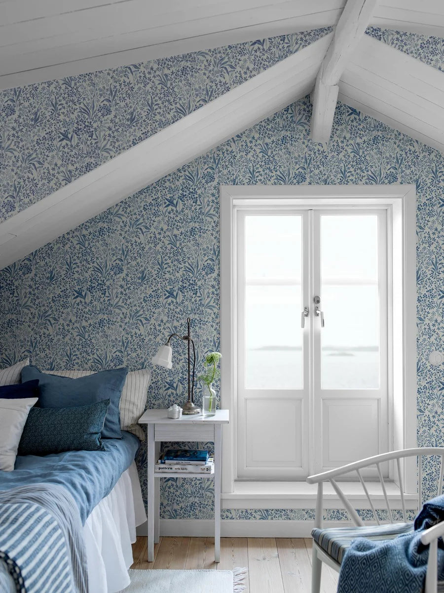 One of our most cherished designs, this Nocturne wallpaper is captured here in a classic blue and white palette