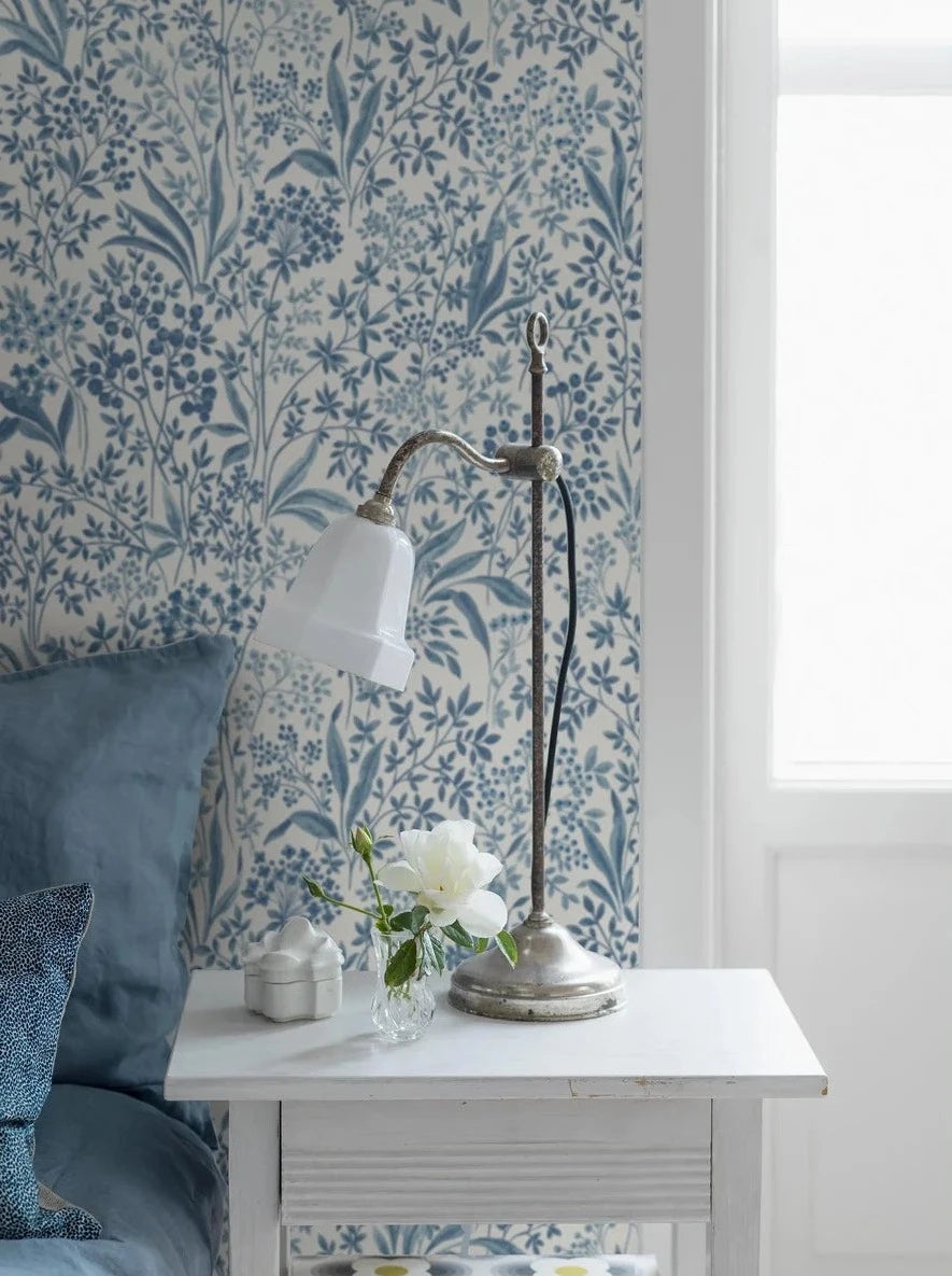 One of our most cherished designs, this Nocturne wallpaper is captured here in a classic blue and white palette