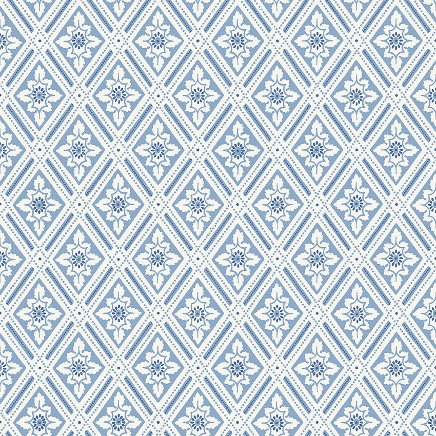 The wallpaper is coloured in a lovely palette of blue shades against a gentle creamy white background.