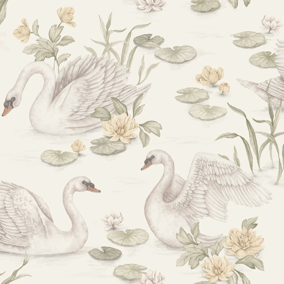Our Lily Swan children’s wallpaper in light yellow and green tones on a warm white background exudes a gentle and playful vibe. 