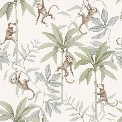 Light and airy tones of mint green, and brown on a warm white background, our Jungle Friends children’s wallpaper radiates a refreshing and playful vibe.