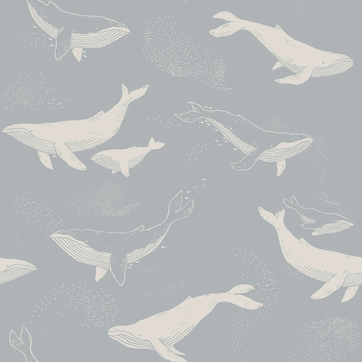 Dive into the depths of the sea with our Whales children’s wallpaper in a beautifully muted grey-blue color scheme.