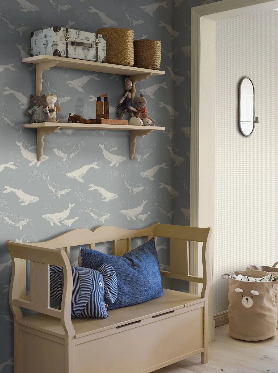 Dive into the depths of the sea with our Whales children’s wallpaper in a beautifully muted grey-blue color scheme.