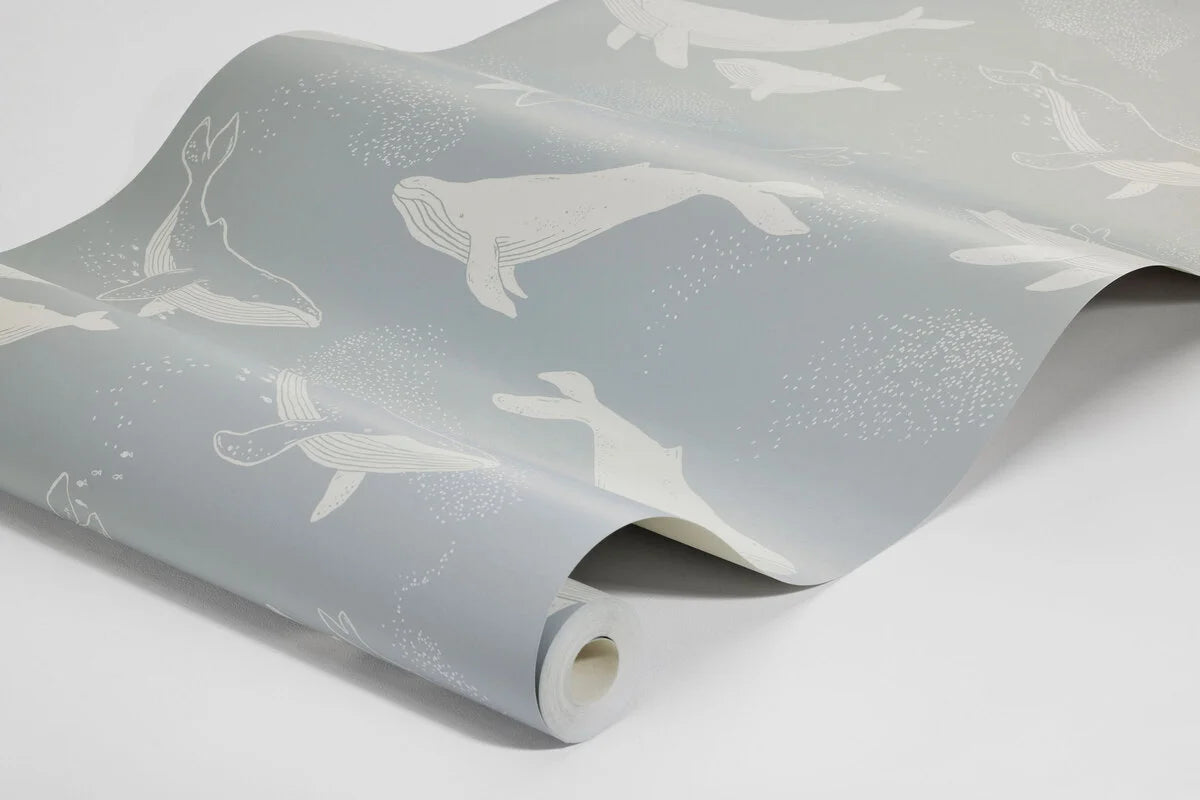 Dive into the depths of the sea with our Whales children’s wallpaper in a beautifully muted grey-blue color scheme.