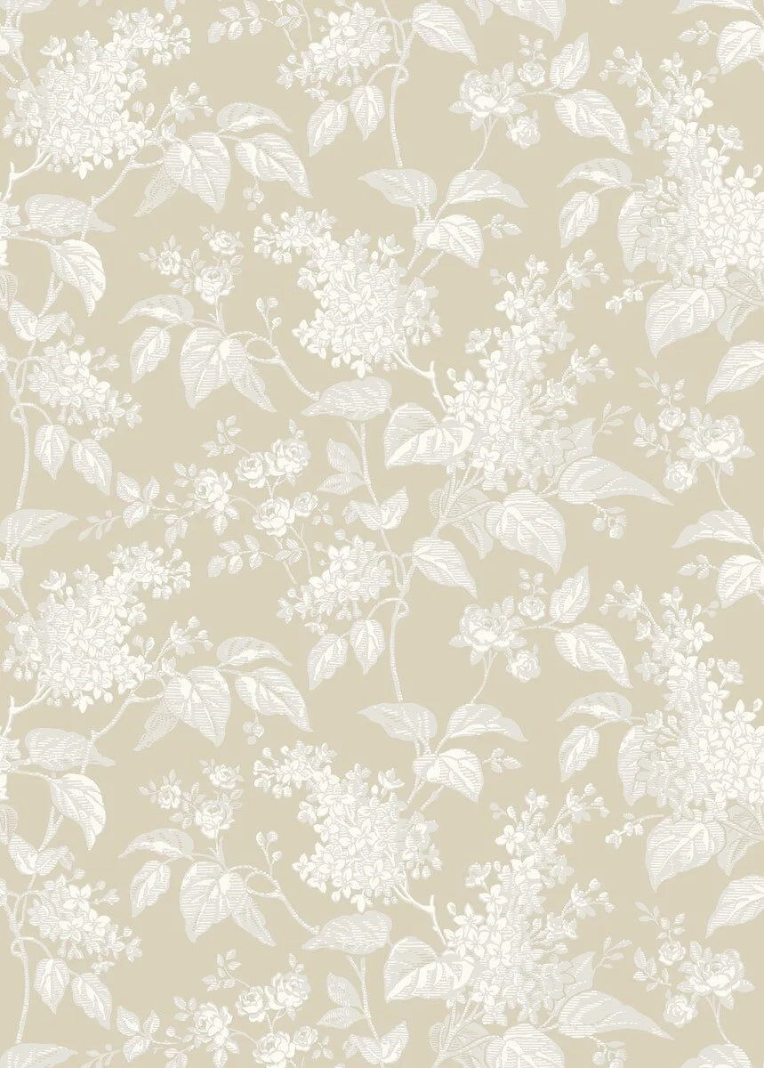 This delightful Syren wallpaper presents a charming display of lilac branches and small roses in a grey and cream palette, elegantly set against a beige background.