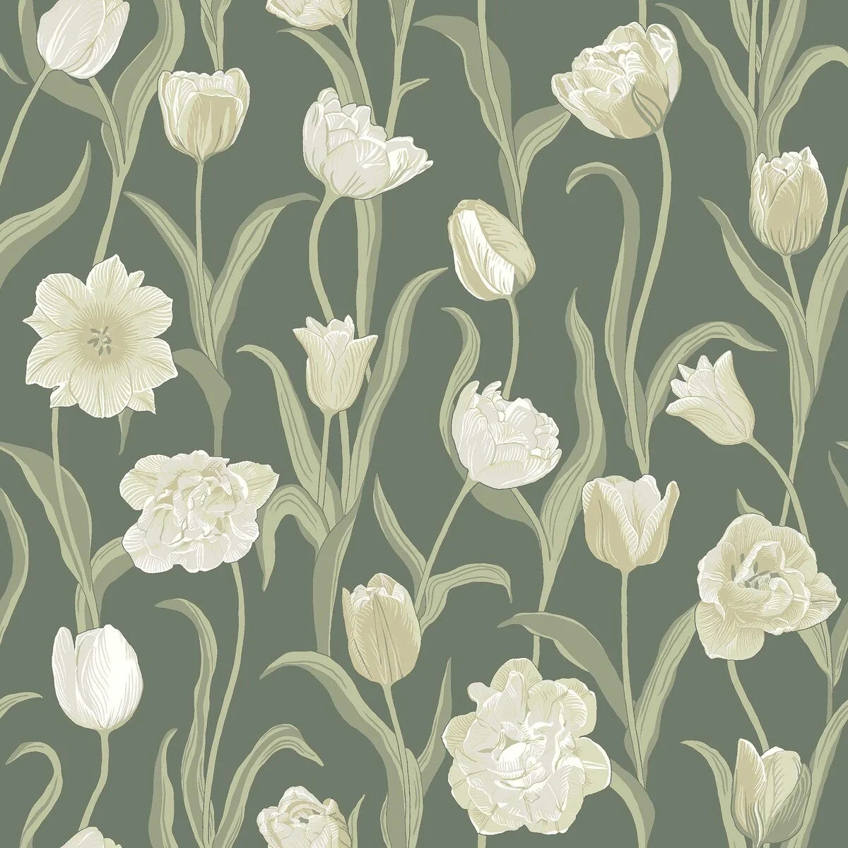 This gorgeous La Belle Epoque wallpaper displays cream-white tulips set against a fairly dark jade green background.