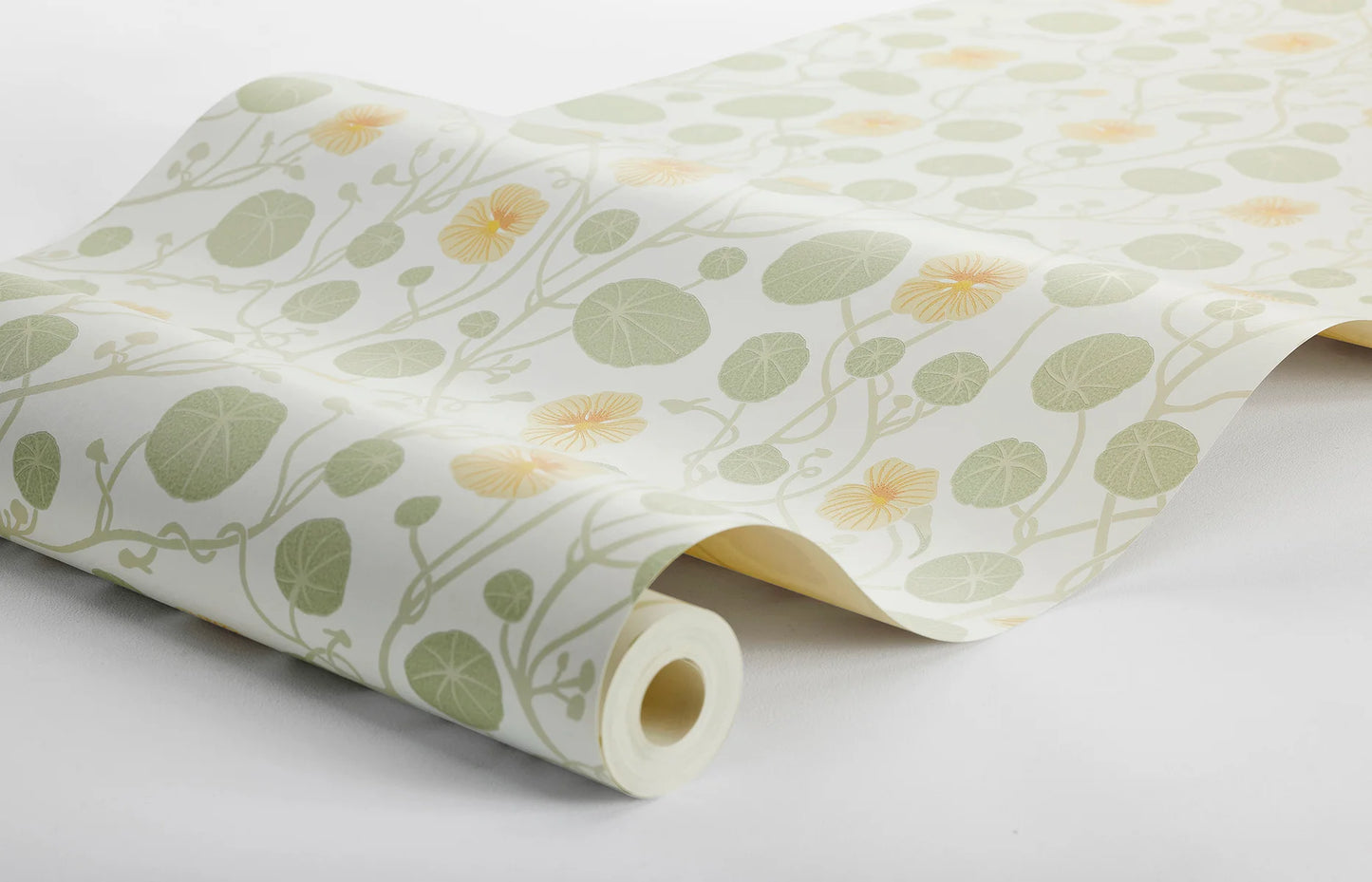 Krasse wallpaper is filled with cheerful Rock Cress flowers in bright yellow tones, with fresh green leaves and winding stems on a white background.
