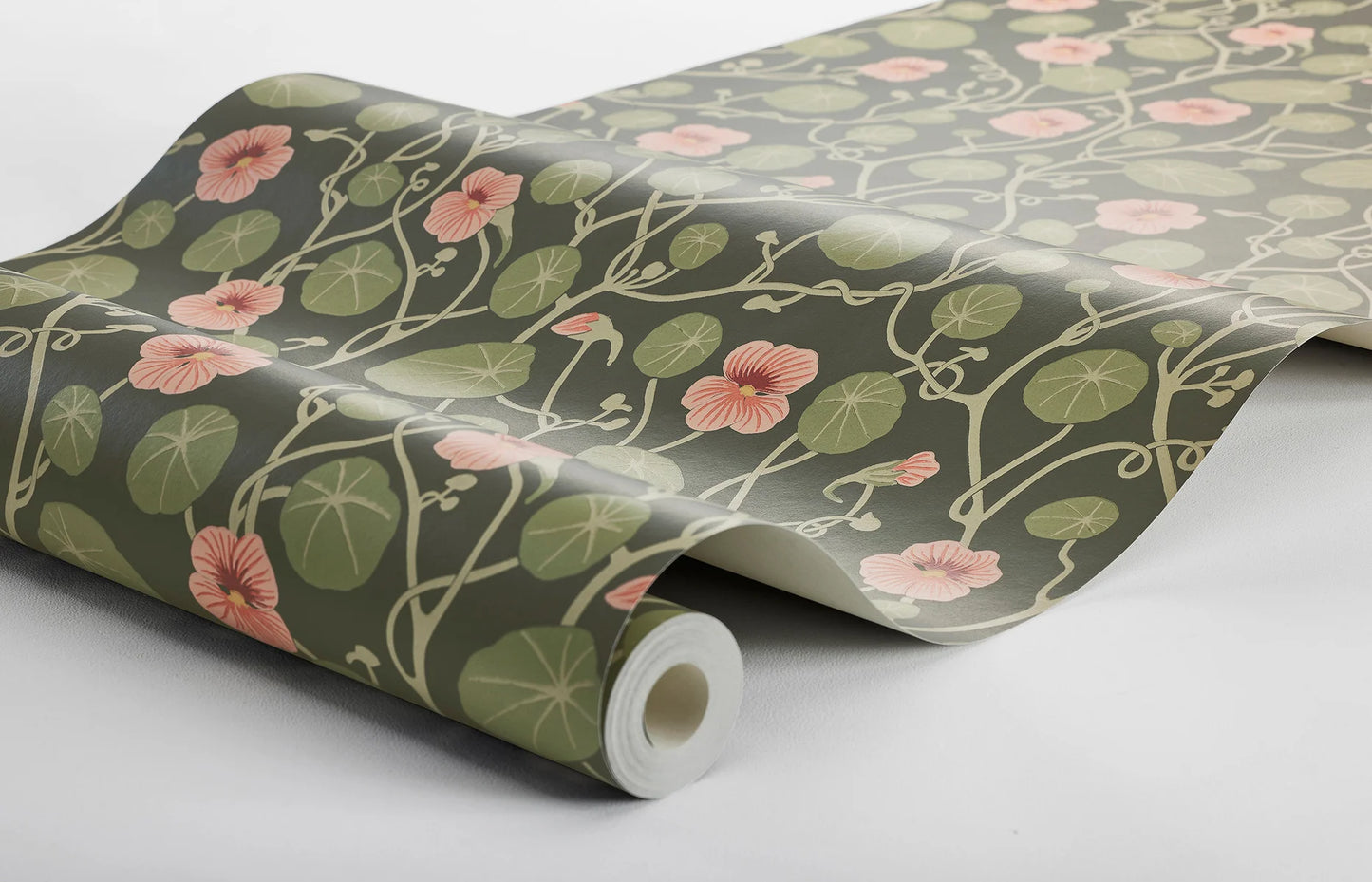 Krasse wallpaper is filled with cheerful Rock Cress flowers in bright yellow tones, with fresh green leaves and winding stems on a white background.