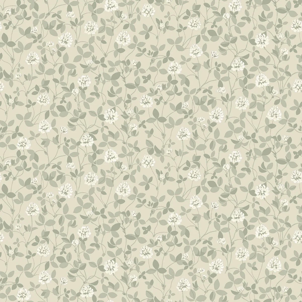 This beautiful Klöver wallpaper has warm white clover flowers among powdery olive-green leaves set on a light beige background.