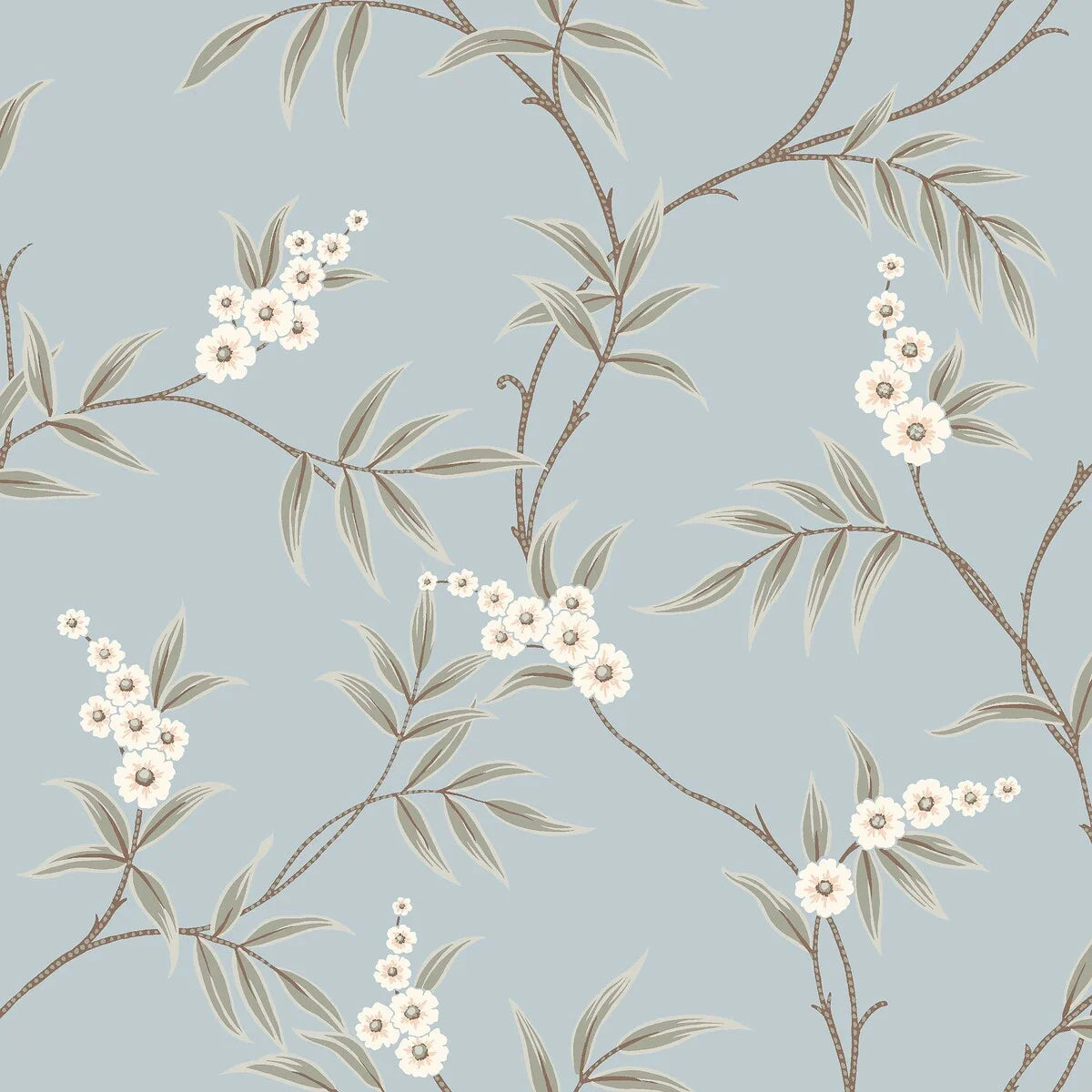 Our Floral Tree wallpaper pairs green leaves with soft white flowers on a serene sky-blue background, blending classic Chinoiserie motif inspiration with a modern aesthetic.