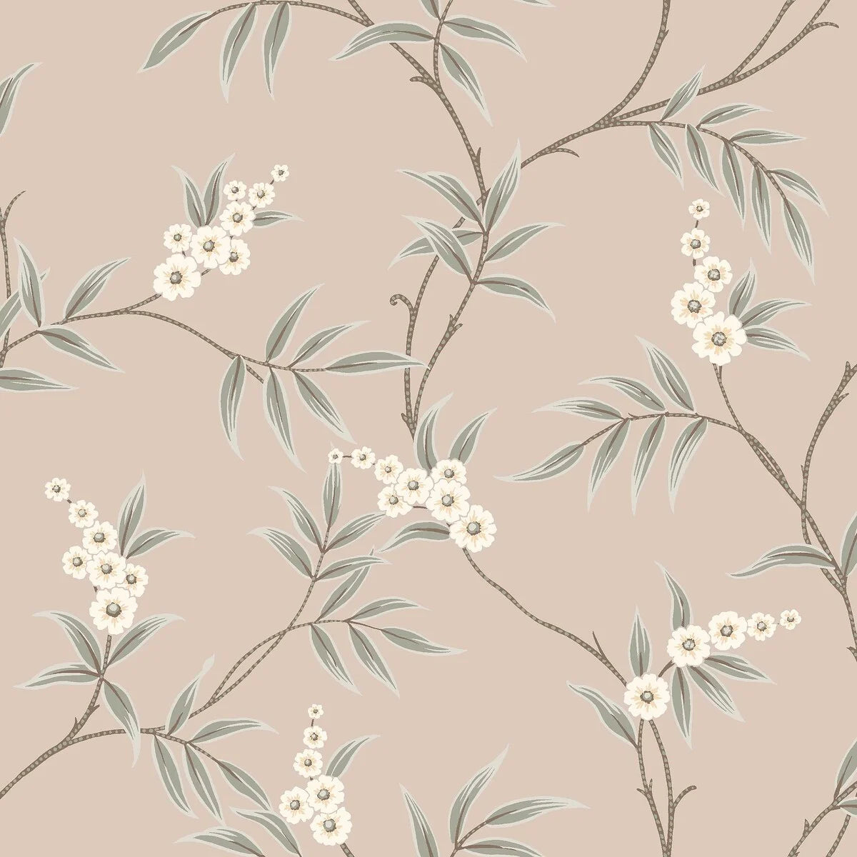 Combining green leaves with white flowers on a soft pink background, our Floral Tree wallpaper offers a blend of classic inspiration and contemporary charm.