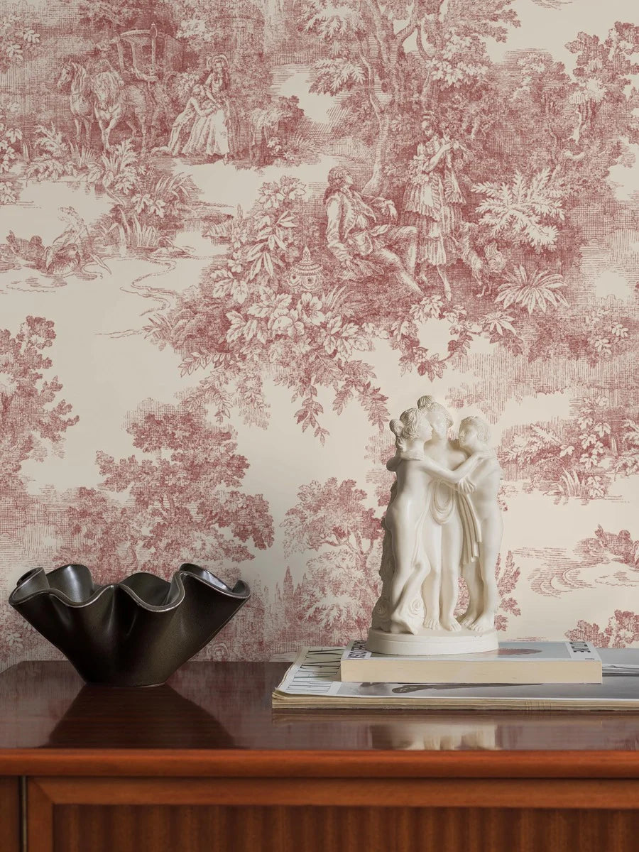 Combining a rich burgundy print with a light clay-colored background, our Toile de Jouy wallpaper oozes warm, sophisticated charm.