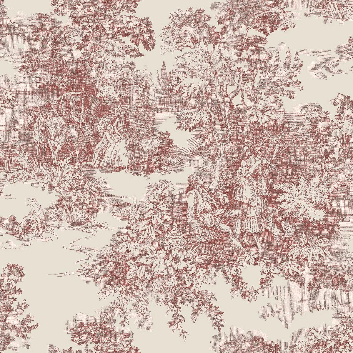 Combining a rich burgundy print with a light clay-colored background, our Toile de Jouy wallpaper oozes warm, sophisticated charm.