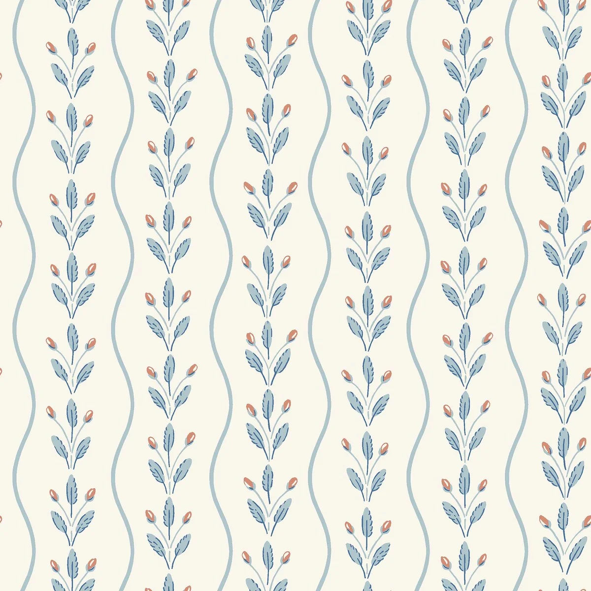 Colored in a soft medium blue shade on a warm white background, our Flower Buds wallpaper combines classic charm with a modern twist.