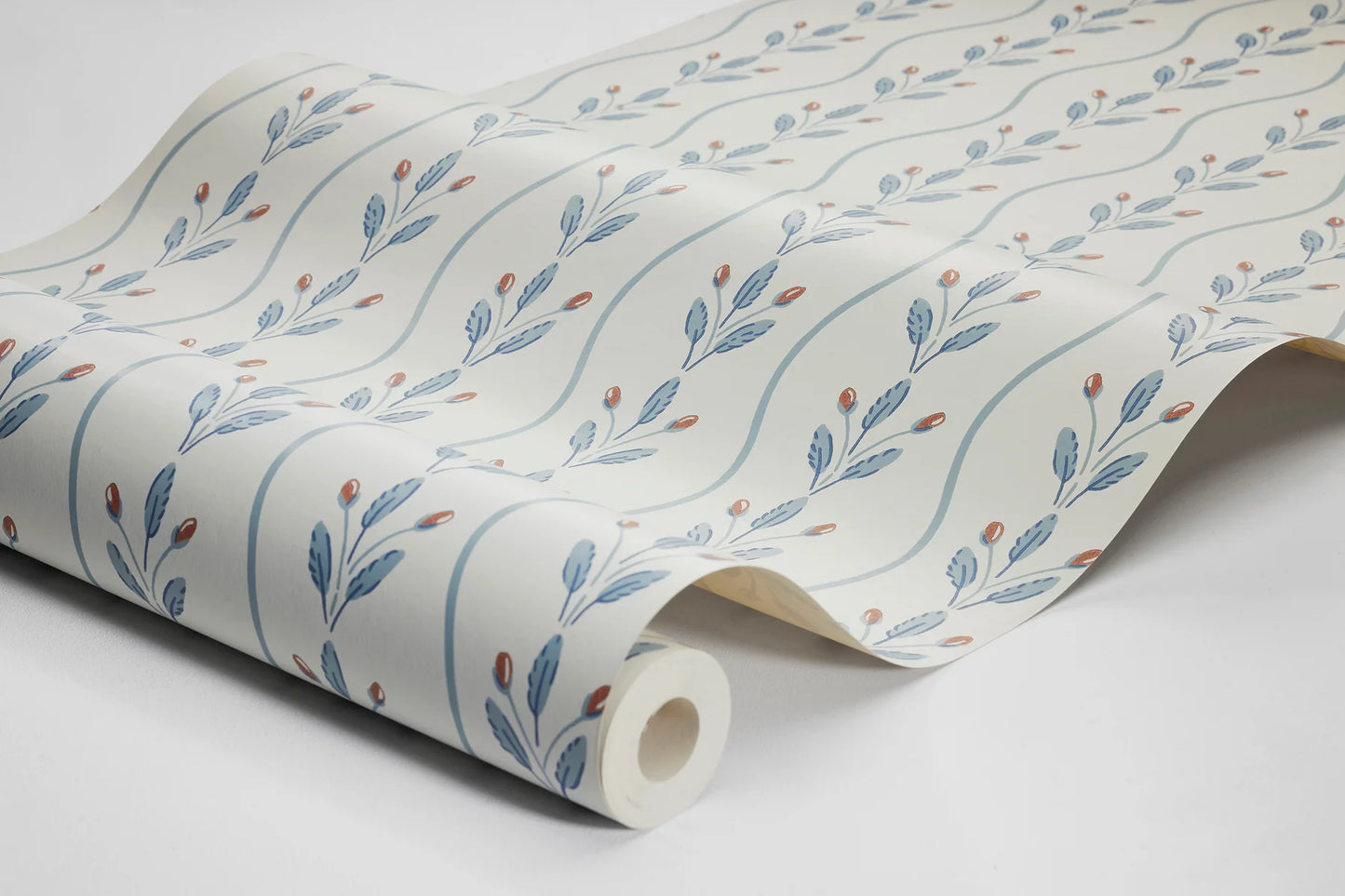 Colored in a soft medium blue shade on a warm white background, our Flower Buds wallpaper combines classic charm with a modern twist.