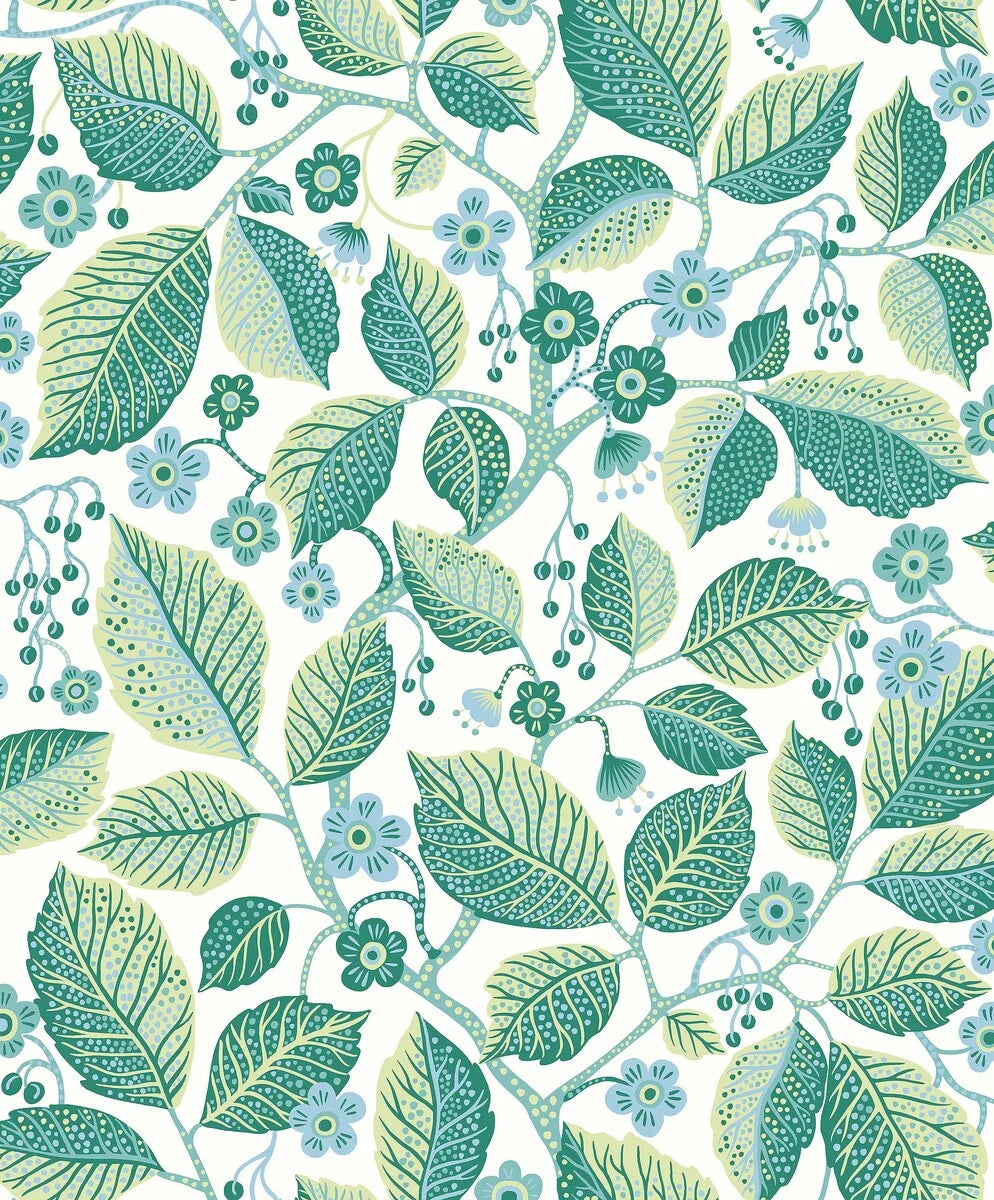 Set on a white base with vibrant green and blue tones, our Elm Tree wallpaper exudes a fresh and happy energy.