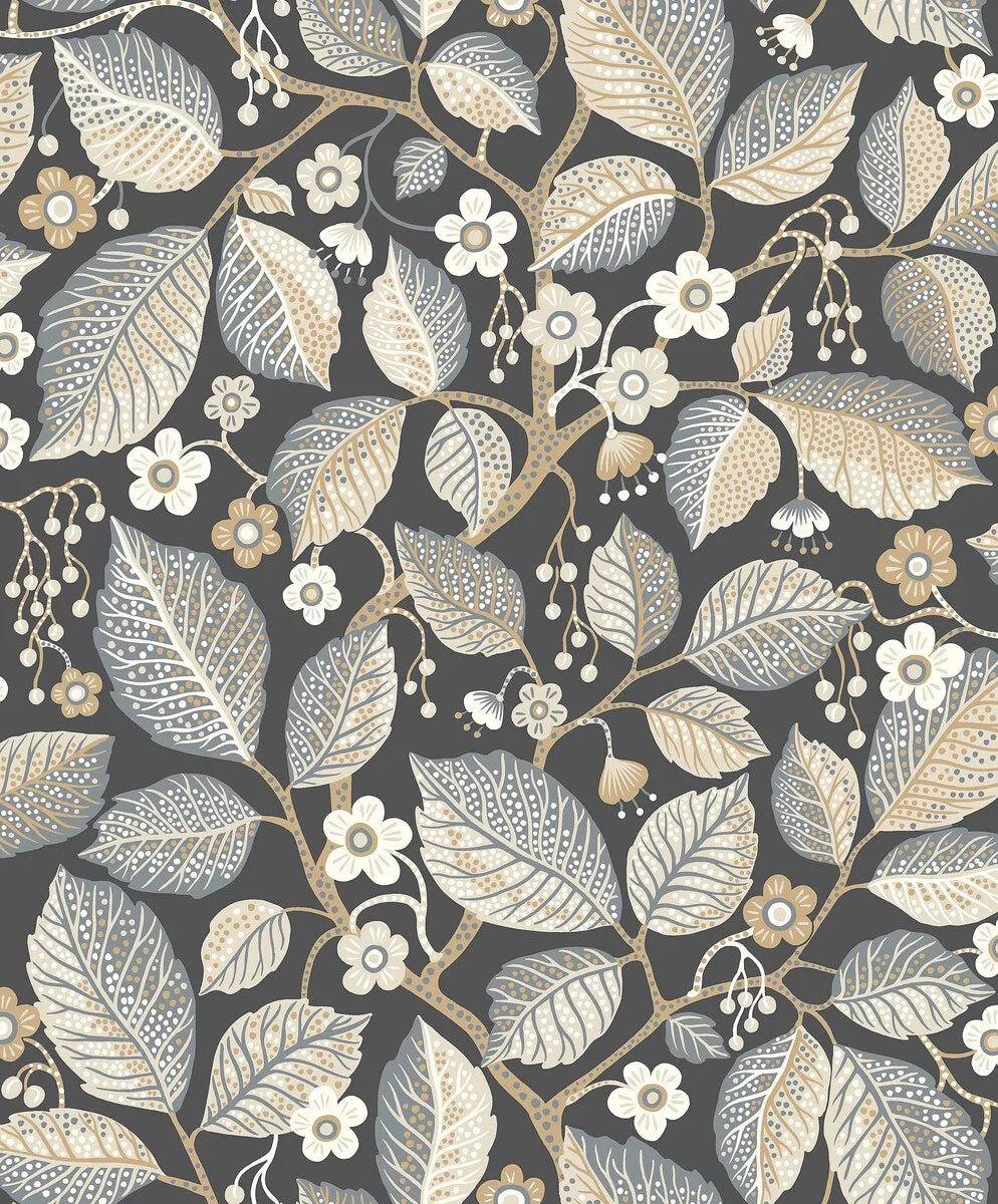 Set on a bold black base with grey, white, beige and brown accents, this Elm Tree wallpaper offers a sophisticated yet versatile feel.