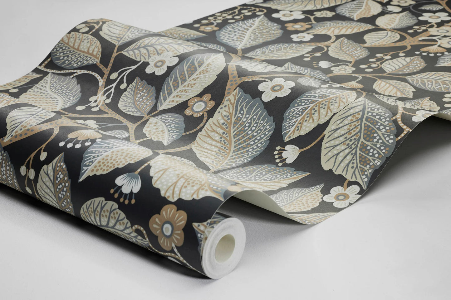 Set on a bold black base with grey, white, beige and brown accents, this Elm Tree wallpaper offers a sophisticated yet versatile feel.