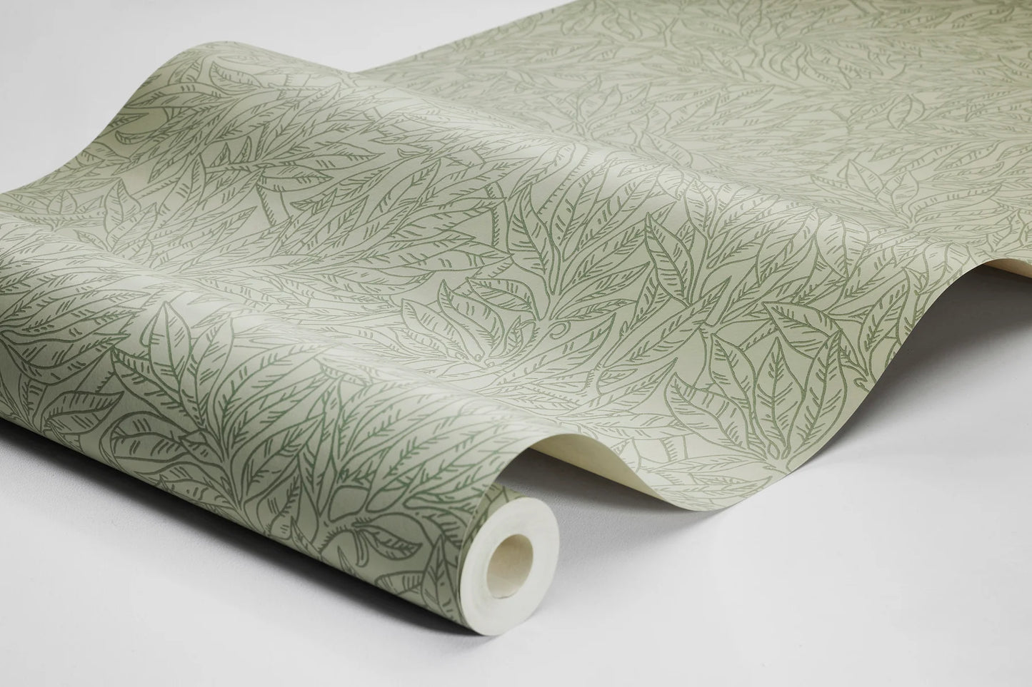Our Salix Alba wallpaper in mild green tones creates a serene and enveloping atmosphere, inspired by the vibrant density of lush summer foliage.