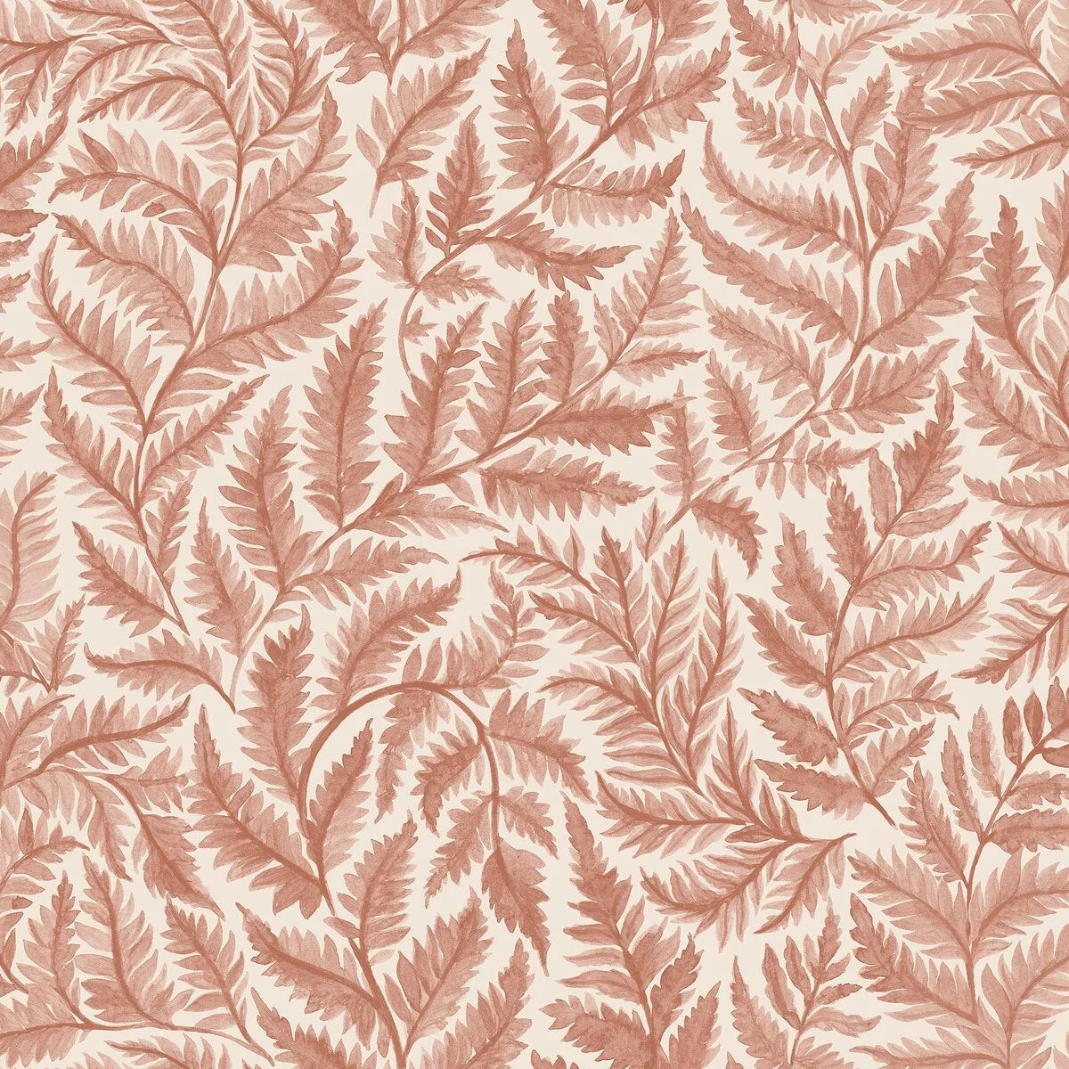 Colored in soft pale red on a cream background, our Ferns wallpaper combines warmth with artistic charm.