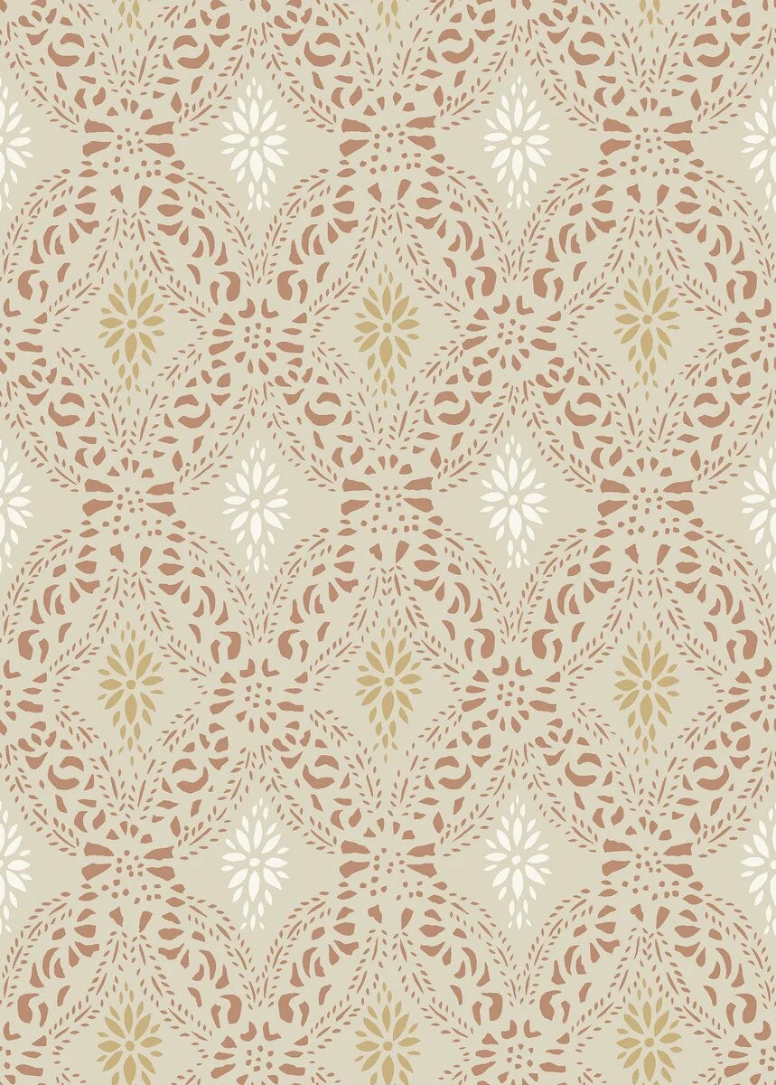 Decorative patterned wallpaper with a geometric design on a beige background