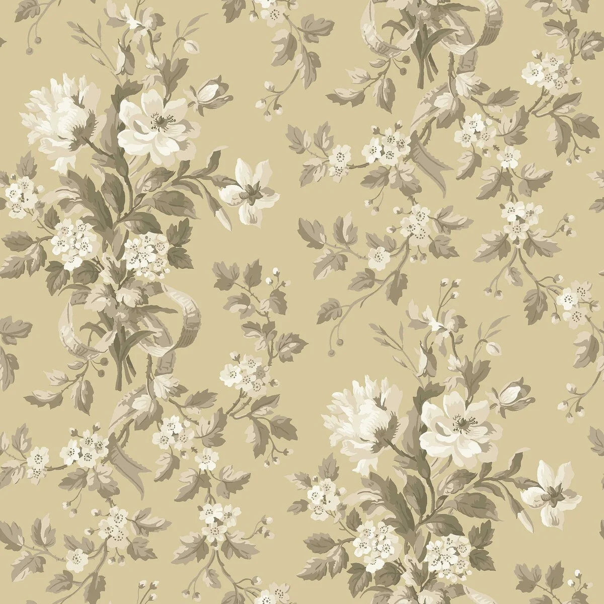 Colored in a muted yellow with beige and grey-brown detailing, our Tullgarn wallpaper brings graceful and royal elegance to your space.
