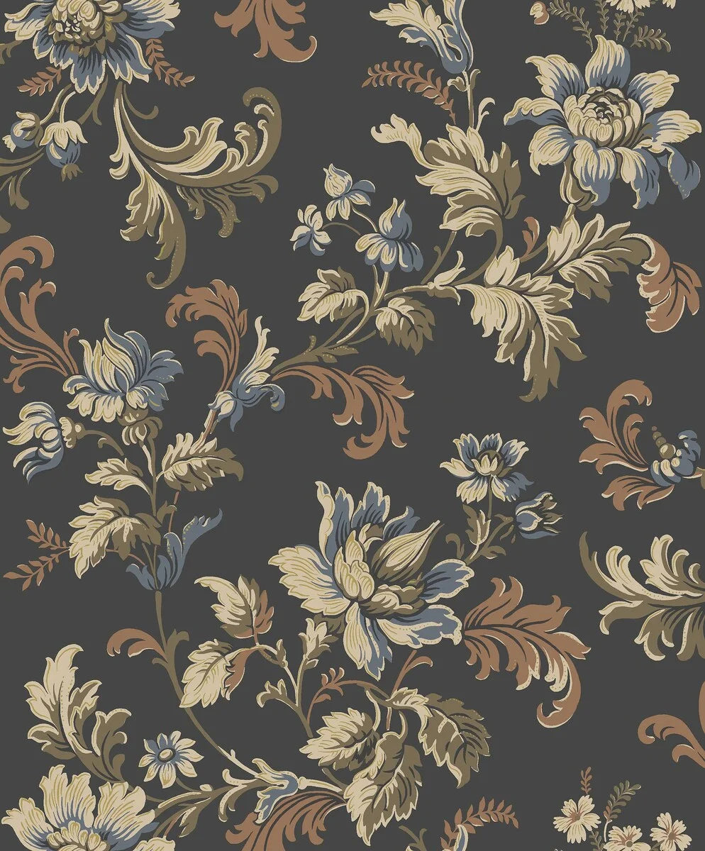 Set on a bold black background, with floral strands in tones of olive green, brown and blue, our Elvira wallpaper shimmers with golden detail.