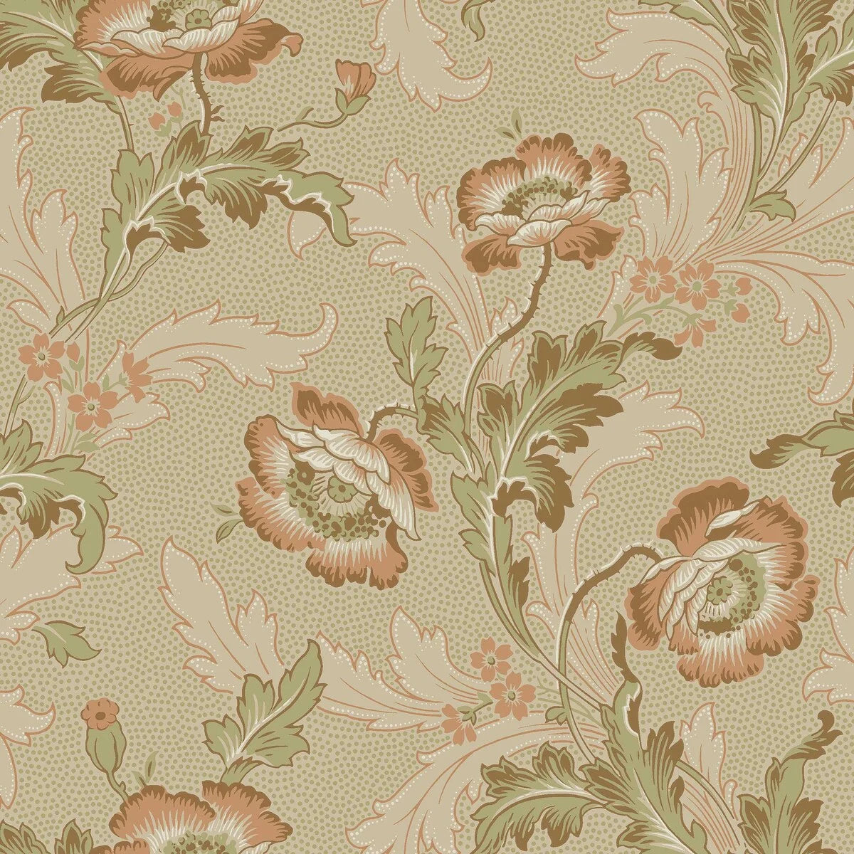 Colored in soft green and beige tones with warm terracotta red accents, our Göteborg wallpaper creates a nostalgic expression on walls