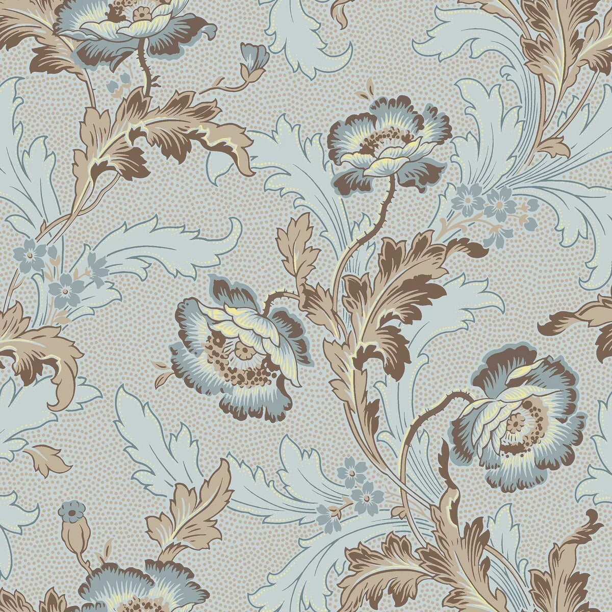 Combining a light blue base with delicate beige and brown details, our Göteborg wallpaper is brimming with floral flow.